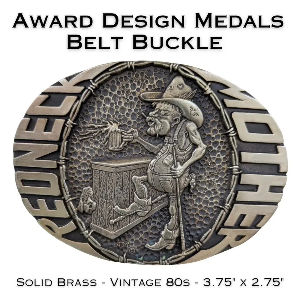 Vintage Redneck Mother Belt Buckle Solid Brass 80s Cowboy Award Design Medals